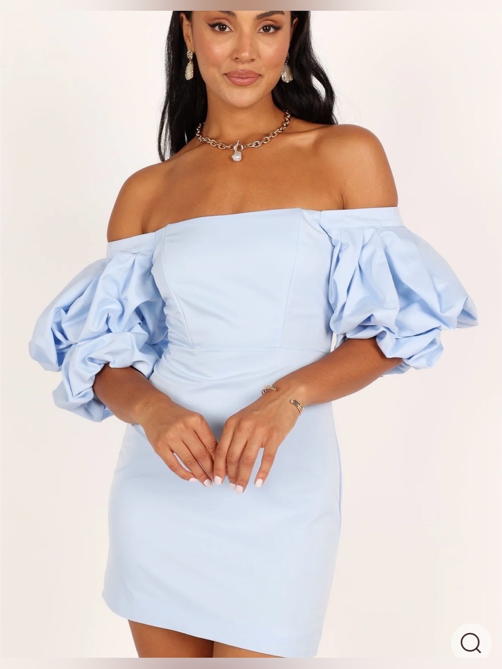 Petal & Pup Fern Light Blue Off-Shoulder Puff Sleeve Mini Dress